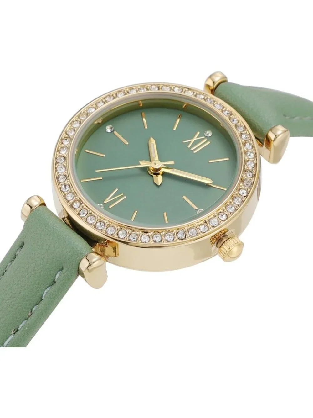Women's Green Analog Quartz Leather Band Crystal Rhinestone Bezel Wrist Watch